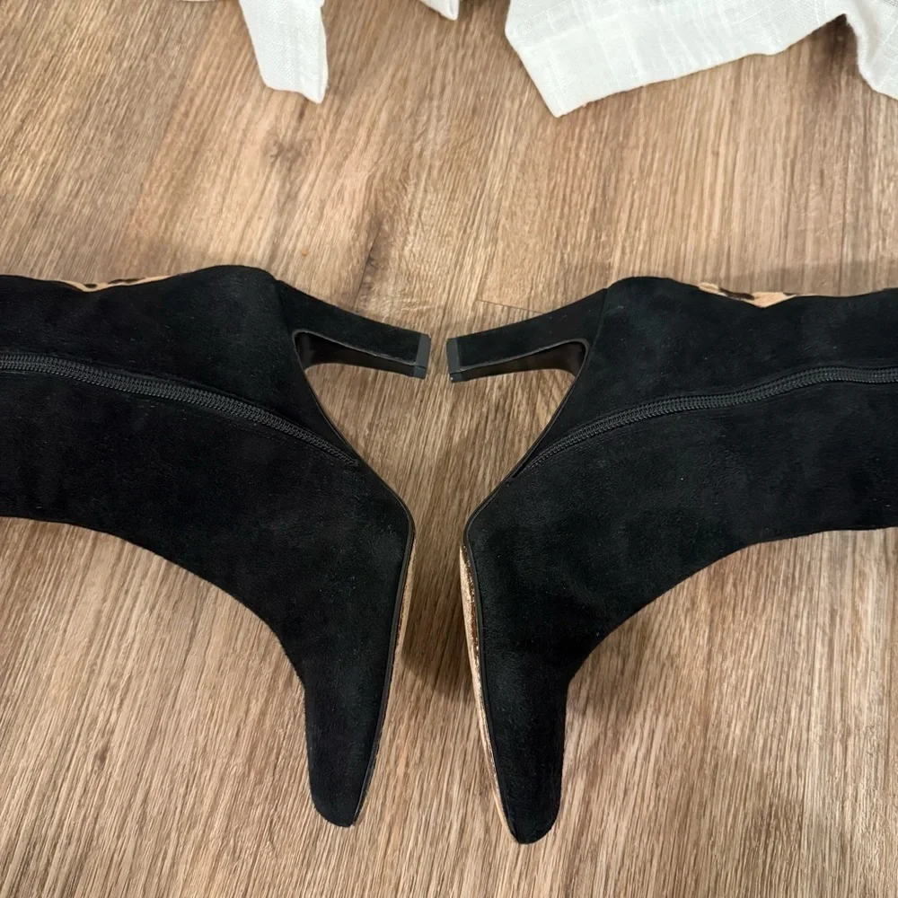 Stuart Weitzman Over the Knee Boots Sz 6 Black Suede Animal Print Heel Designer
